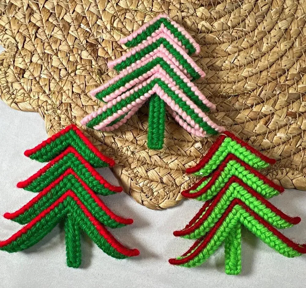 Vintage Plastic Canvas Set of 3 Christmas Tree Yarn Ornaments Green Red Pink